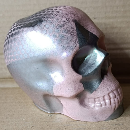 Pink/Green/Black/Silver Pearlescent Abstract Large Handcrafted Jesmonite Skull Paperweight | Decorative & Functional Art