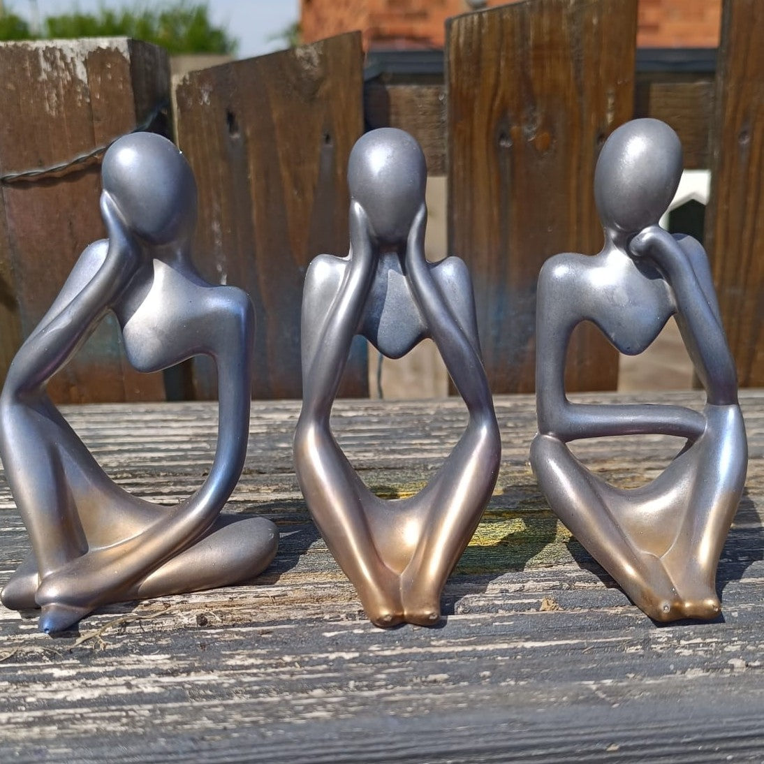 Set of 3 Silver Blue Bronze Abstract Jesmonite Figurine Ornaments – Modern Minimalist Design