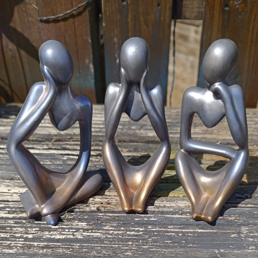 Set of 3 Silver Blue Bronze Abstract Jesmonite Figurine Ornaments – Modern Minimalist Design