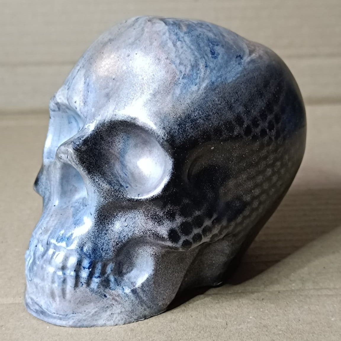 Blue Marble Black Silver Large Handcrafted Jesmonite Skull Paperweight | Decorative & Functional Art