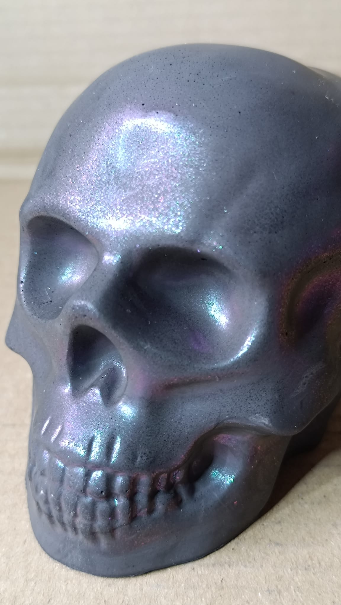 Pearlescent Black Large Handcrafted Jesmonite Skull Paperweight | Decorative & Functional Art