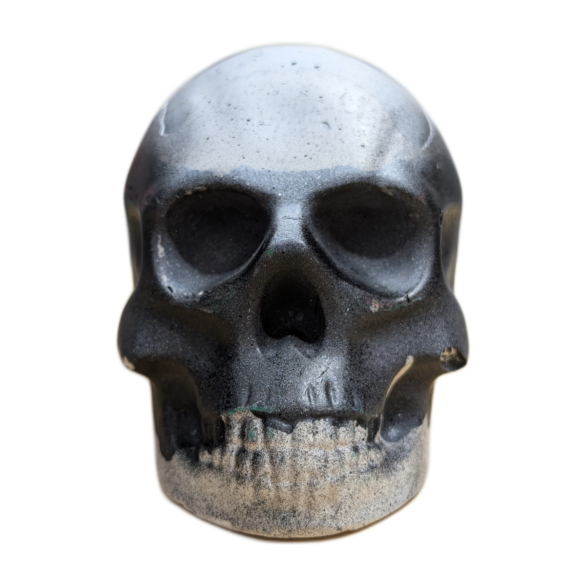 Large handmade Jesmonite skull ornament in black and white, front view