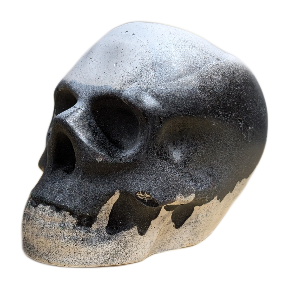Large Handmade Jesmonite Skull Ornament – Black & White Drip Design, photograph 2
