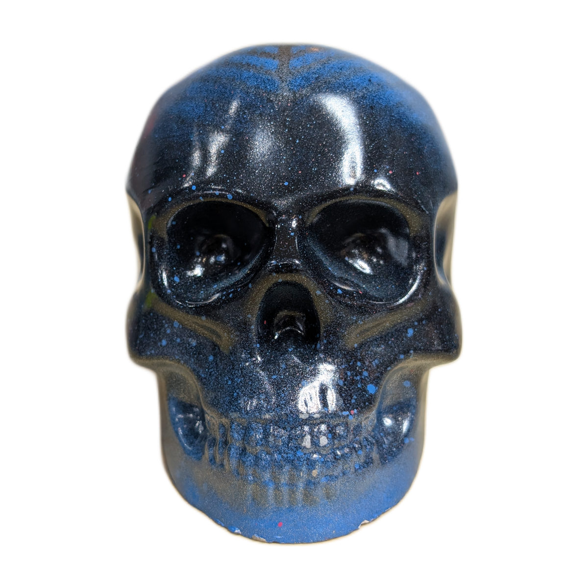 Large Handmade Jesmonite Skull Ornament – Blue & Black Geometric Design, photograph 1