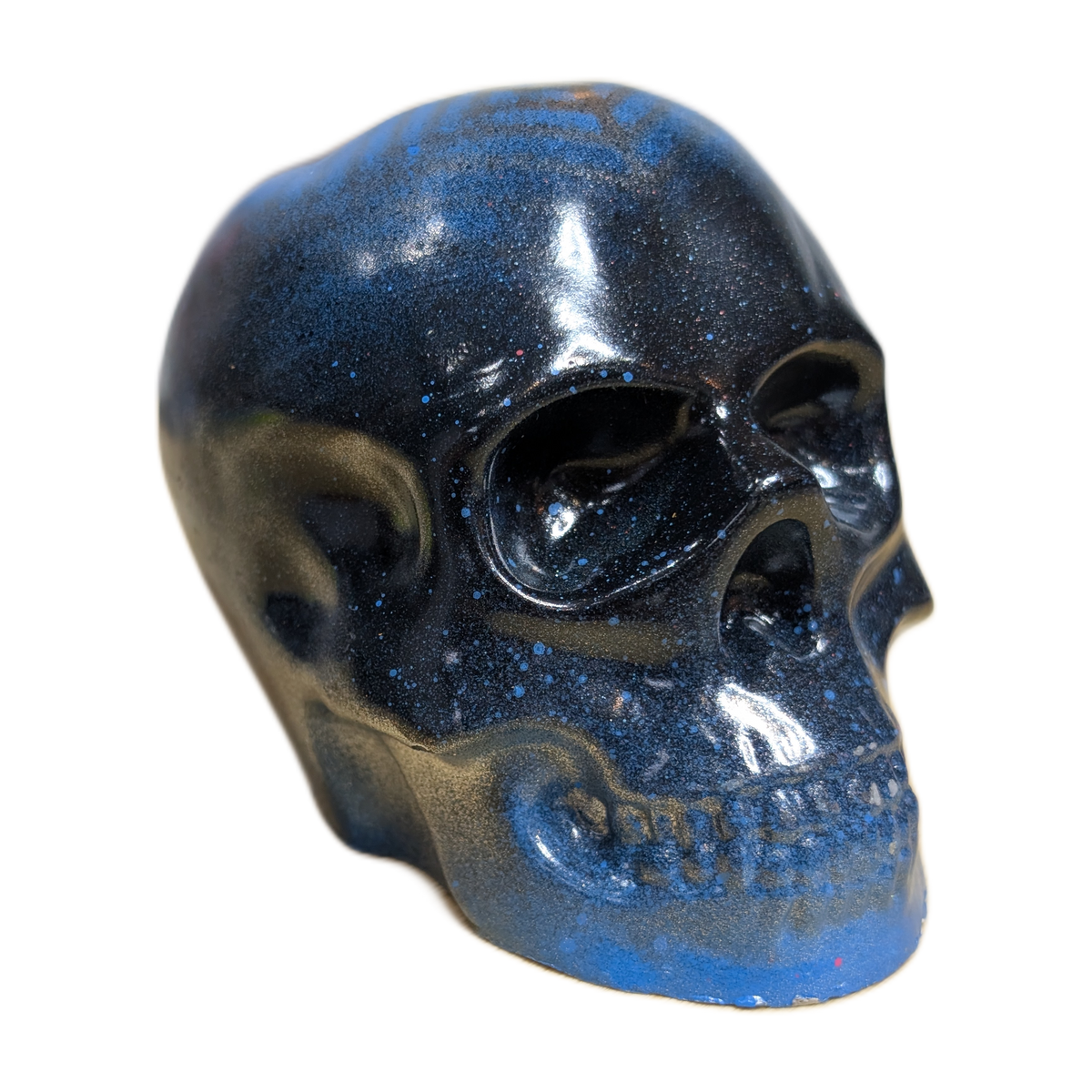 Large Handmade Jesmonite Skull Ornament – Blue & Black Geometric Design, photograph 2