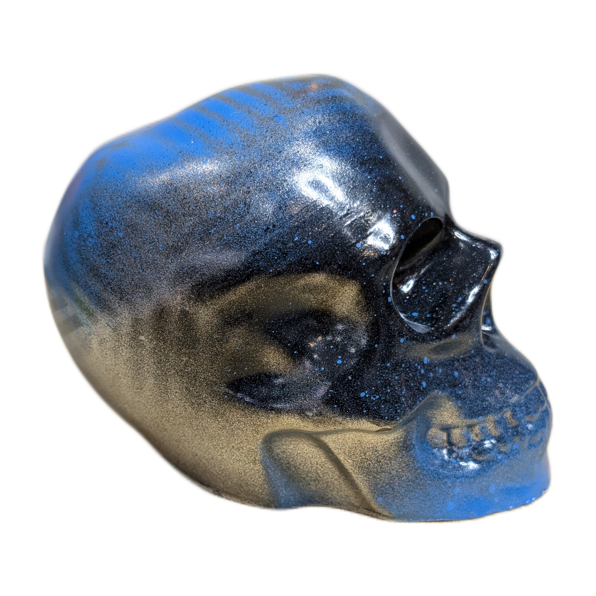 Large Handmade Jesmonite Skull Ornament – Blue & Black Geometric Design, photograph 3