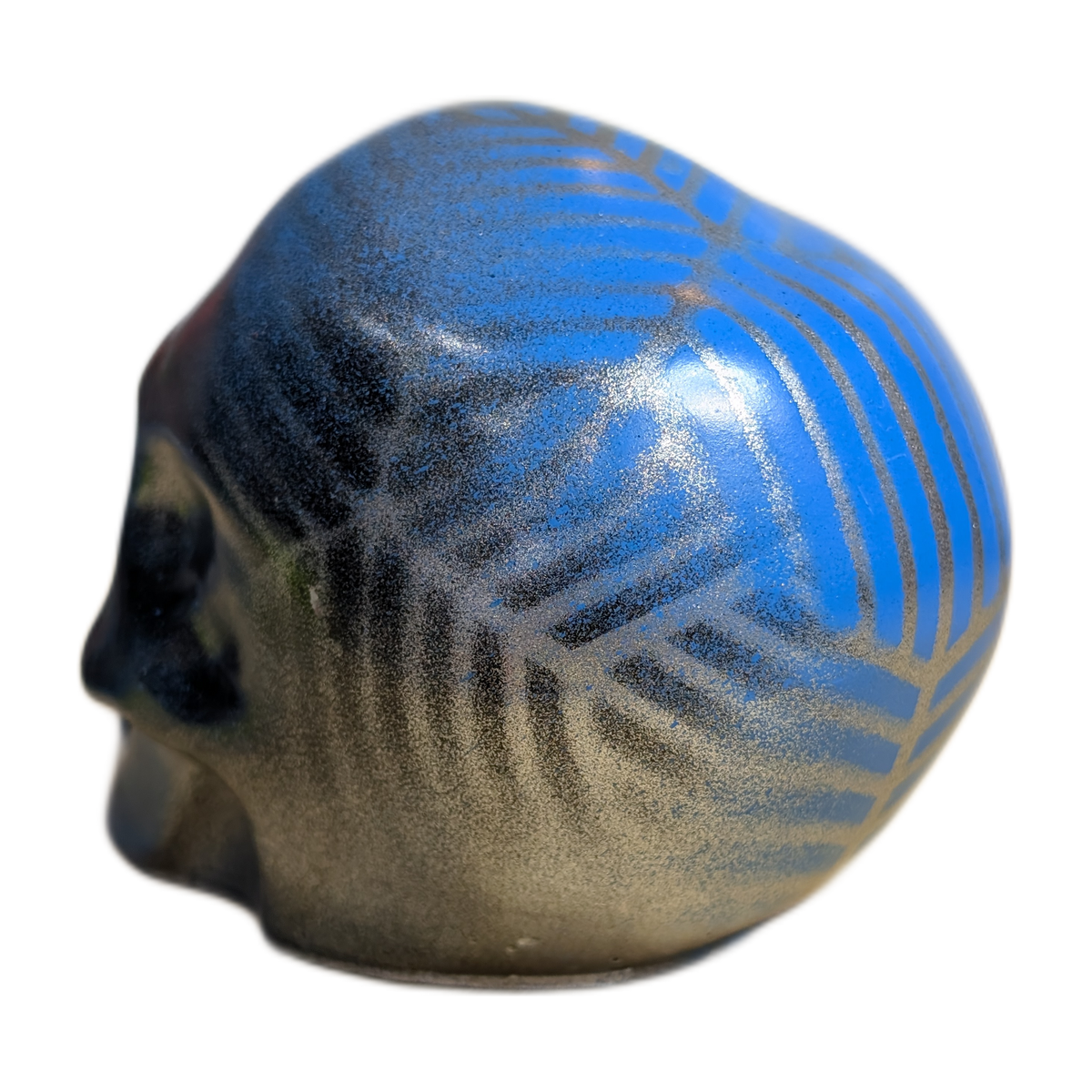 Large Handmade Jesmonite Skull Ornament – Blue & Black Geometric Design, photograph 6