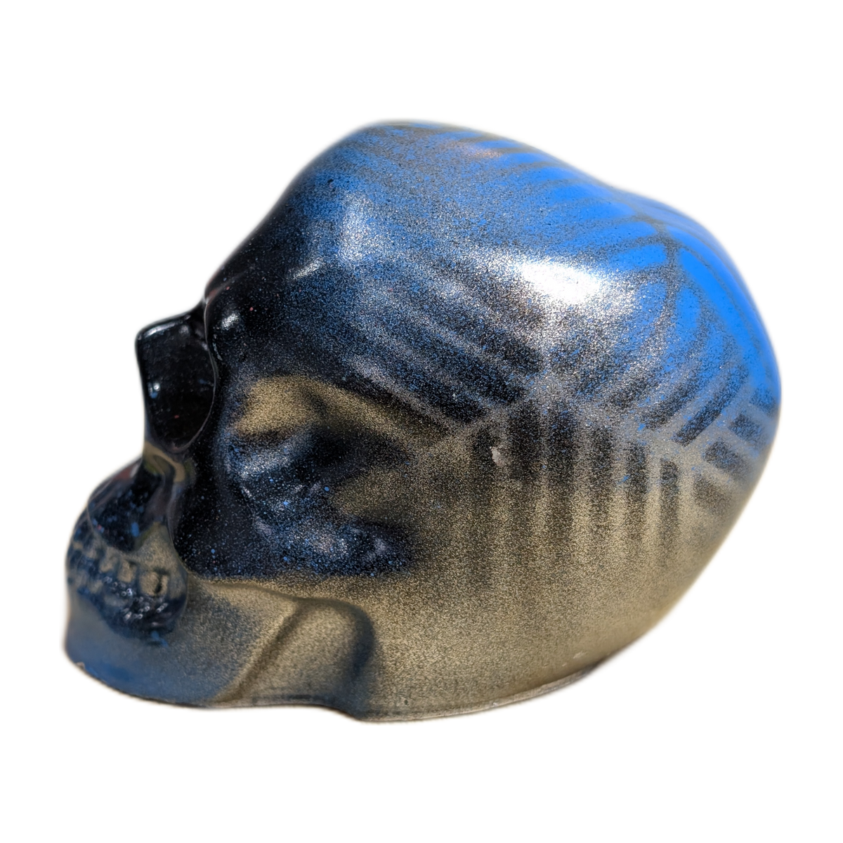 Large Handmade Jesmonite Skull Ornament – Blue & Black Geometric Design, photograph 7