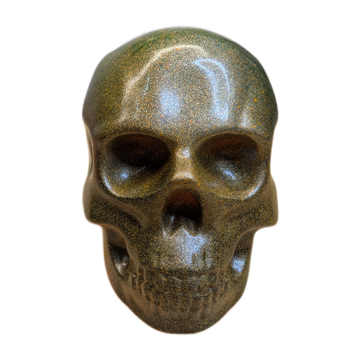 Large Handmade Jesmonite Skull Ornament – Green & Orange Decorative Finish, photograph 1