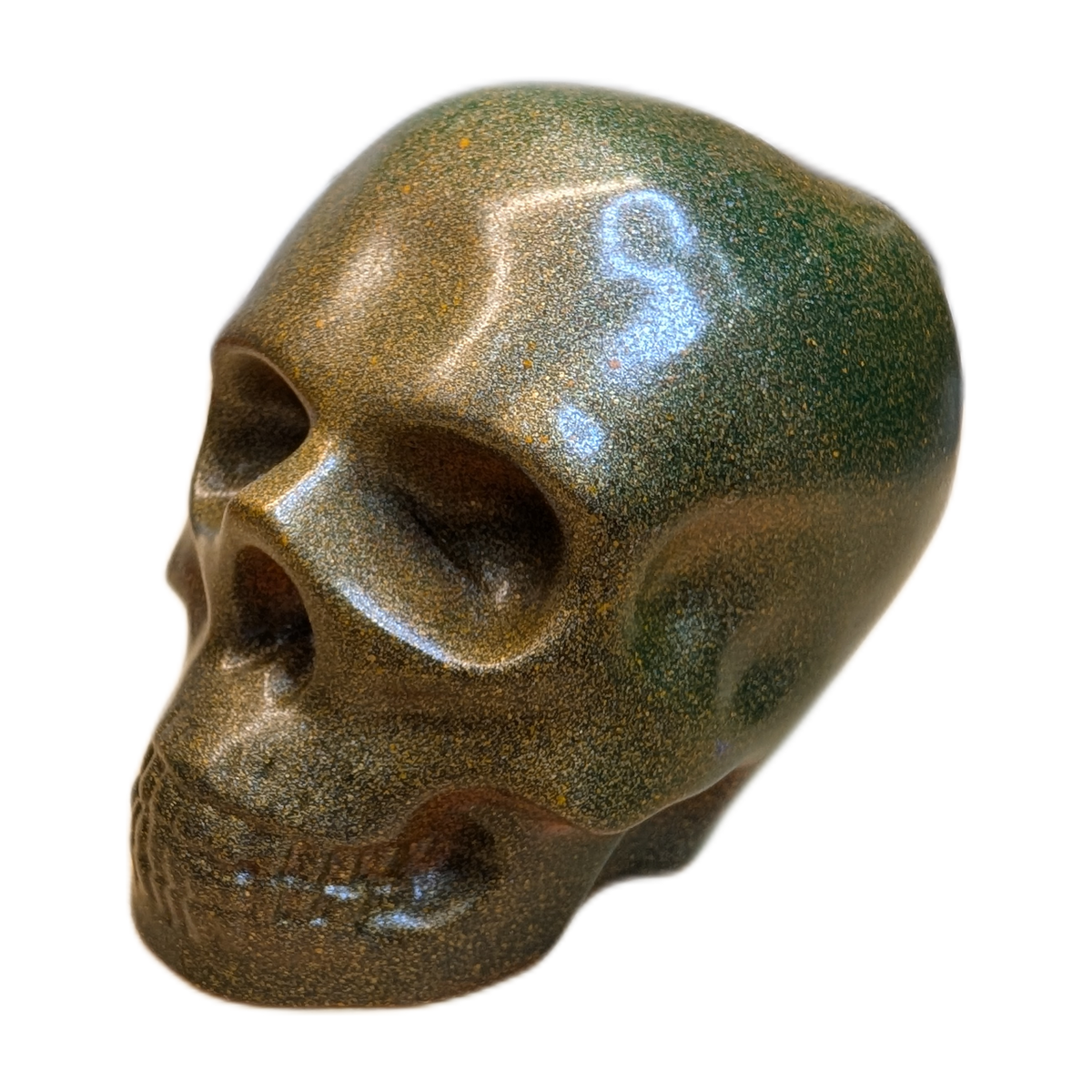 Large Handmade Jesmonite Skull Ornament – Green & Orange Decorative Finish, photograph 2