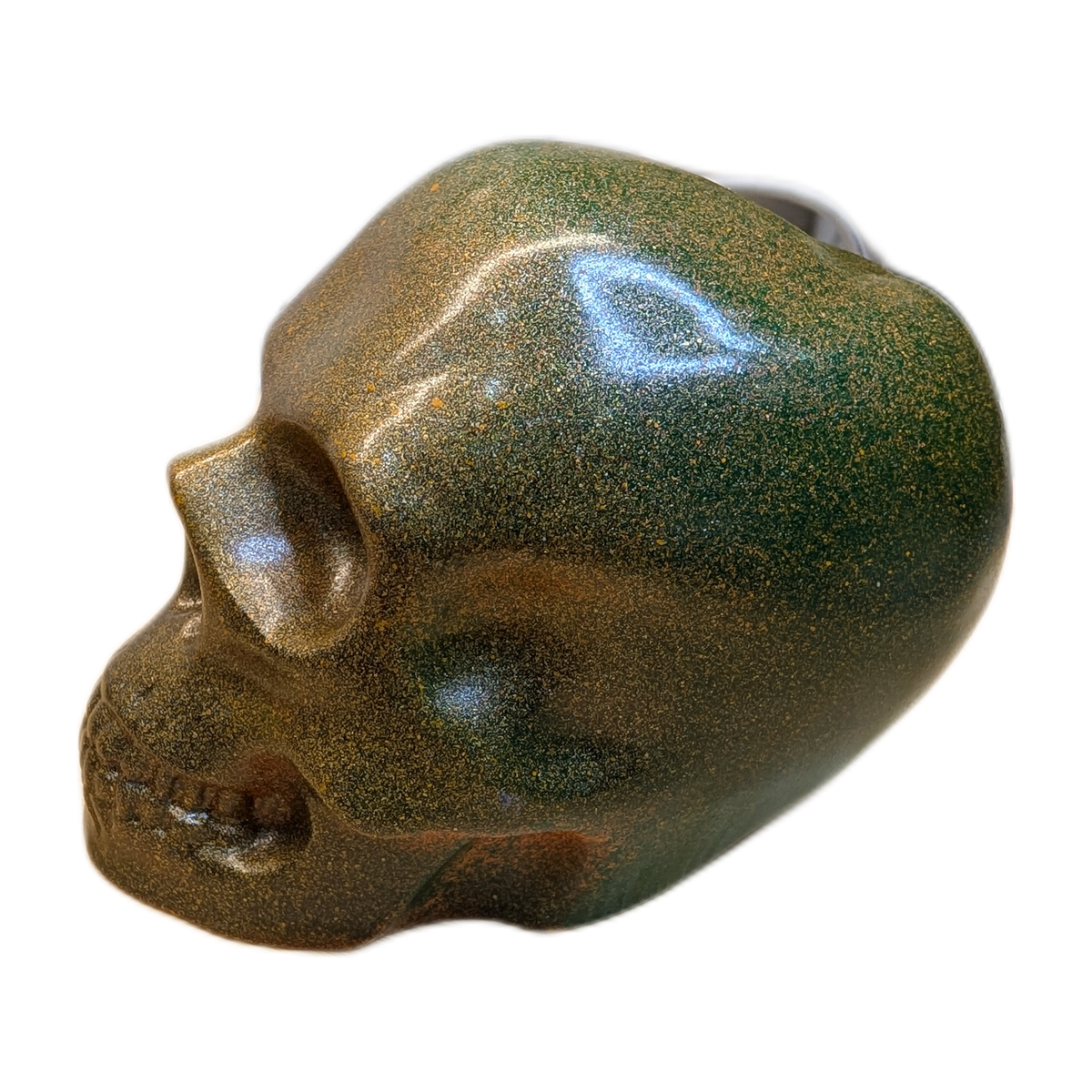 Large Handmade Jesmonite Skull Ornament – Green & Orange Decorative Finish, photograph 3