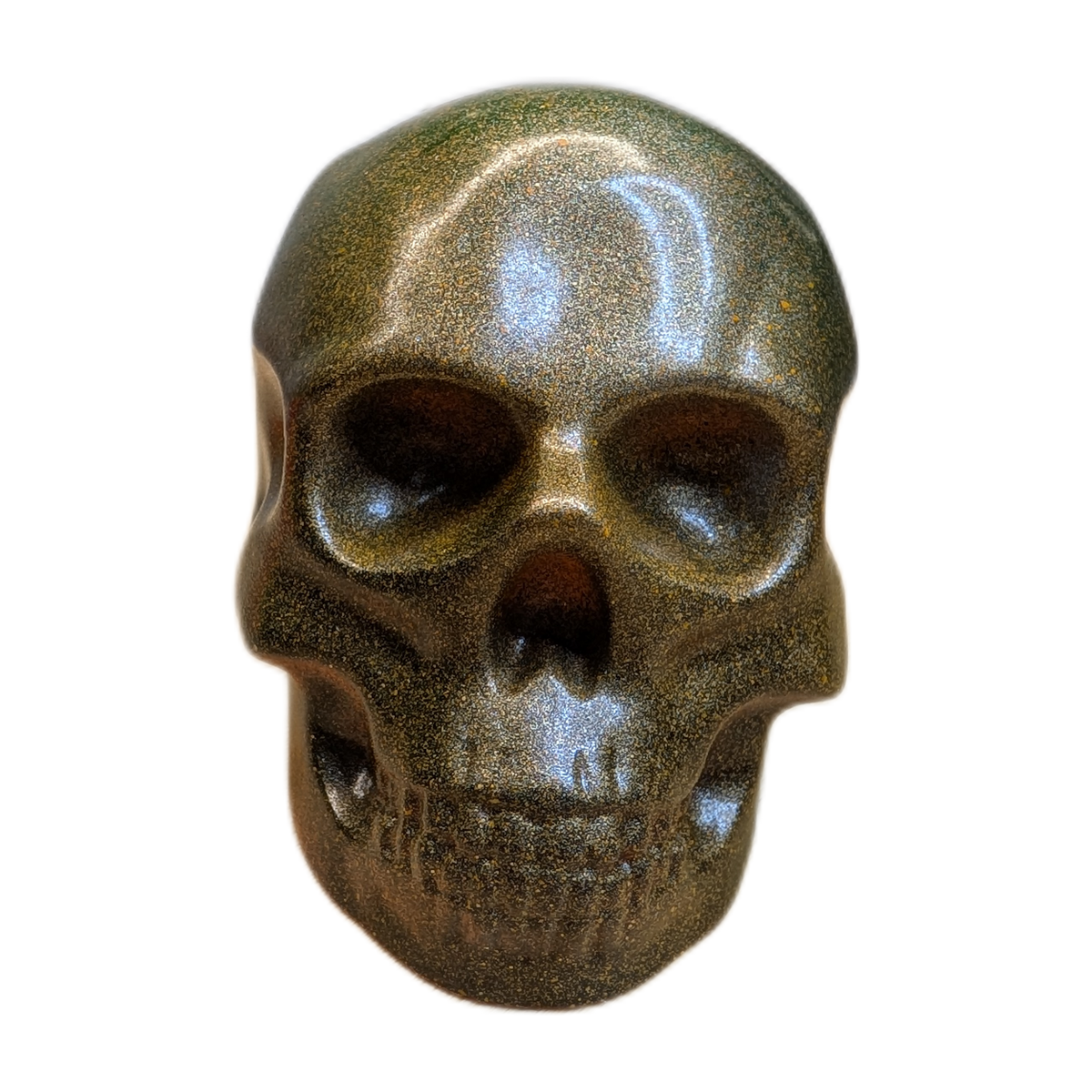 Large Handmade Jesmonite Skull Ornament – Green & Orange Decorative Finish, photograph 9