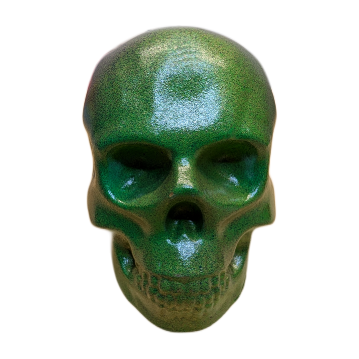 Large Handmade Jesmonite Skull Ornament – Green & Purple Shimmer Finish, photograph 2