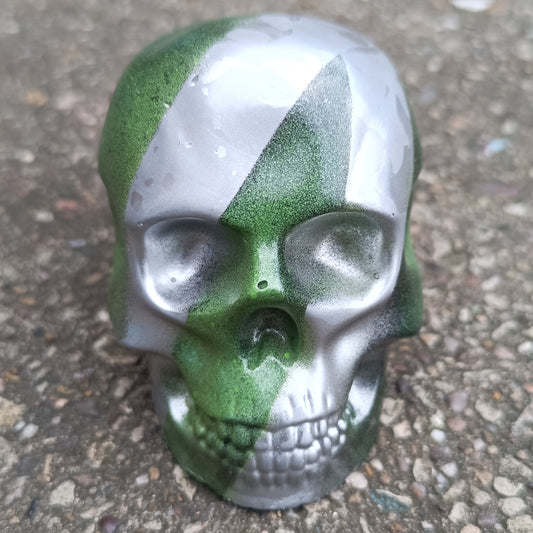 Green/Silver Large Handcrafted Jesmonite Skull Paperweight | Decorative & Functional Art