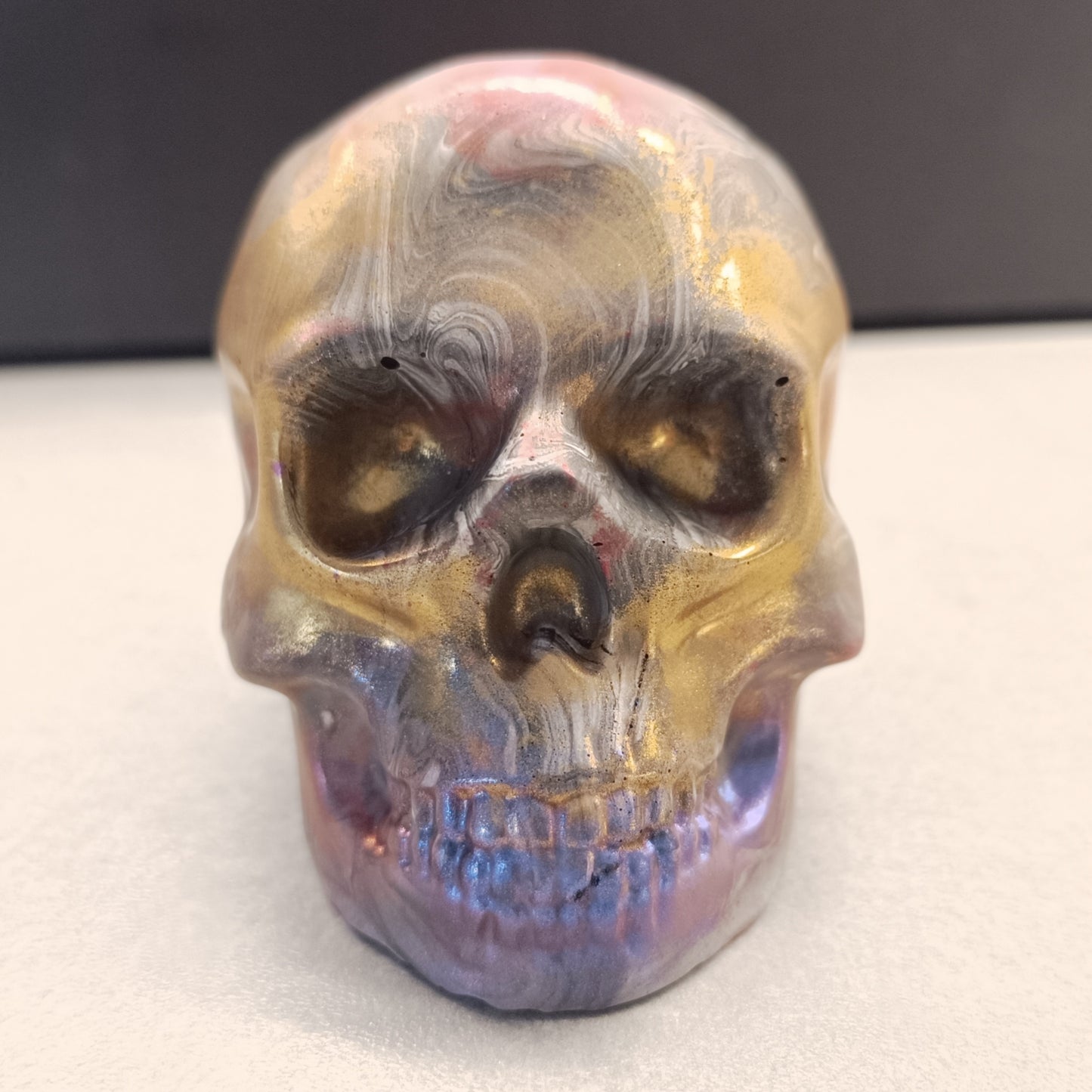 Gold Red Marble Grey Large Handcrafted Jesmonite Skull Paperweight