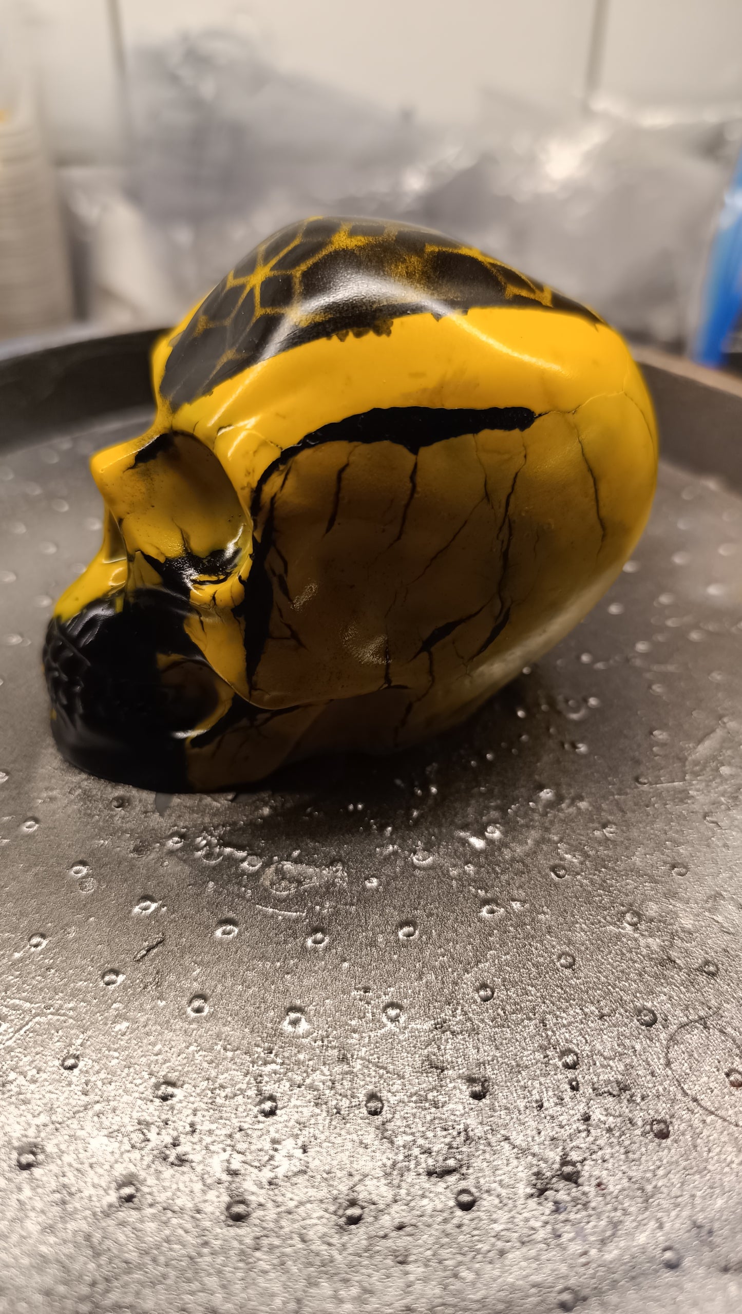 Large Handcrafted Skull Ornament – Jesmonite & Epoxy Resin | Decorative & Functional Art - Black & Yellow