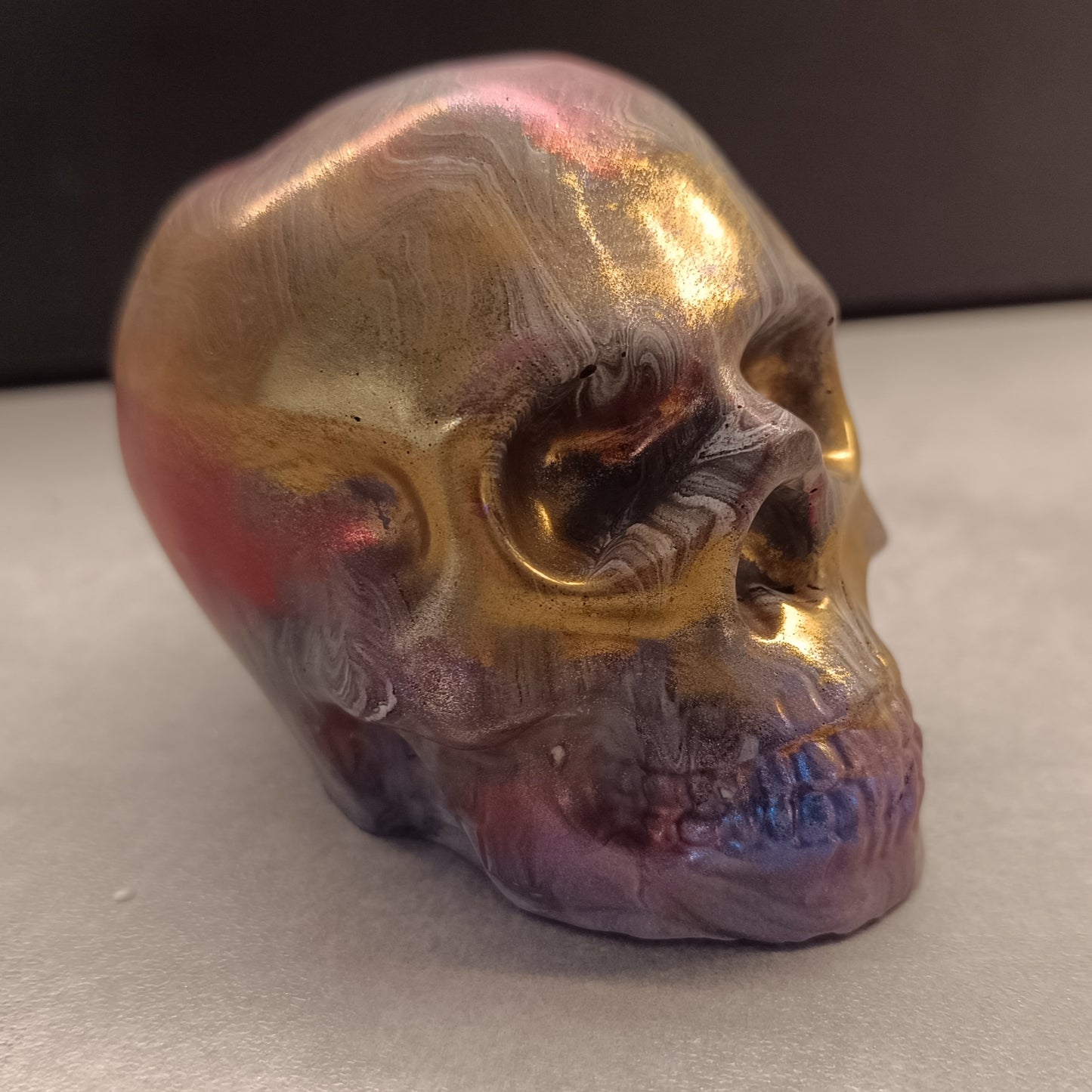 Gold Red Marble Grey Large Handcrafted Jesmonite Skull Paperweight
