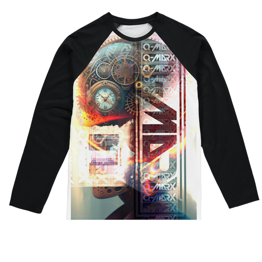Q-MARX - Abstract Neon Clockwork Skull Sublimation Baseball Long Sleeve T-Shirt